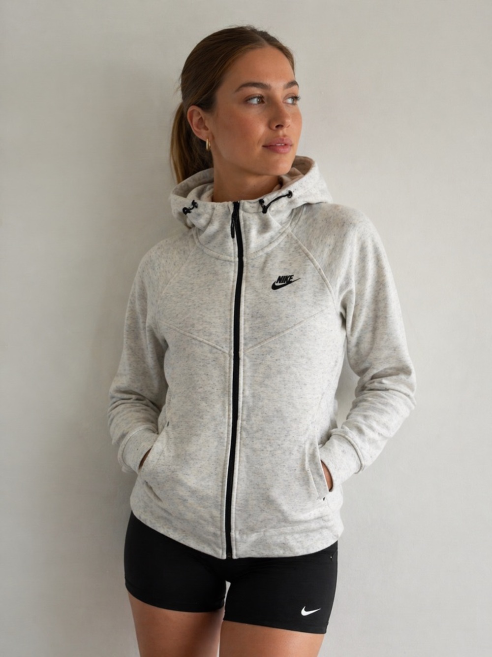 Nike Women's Heather Light Gray Full-Zip Hooded Sweatshirt with Black Trim